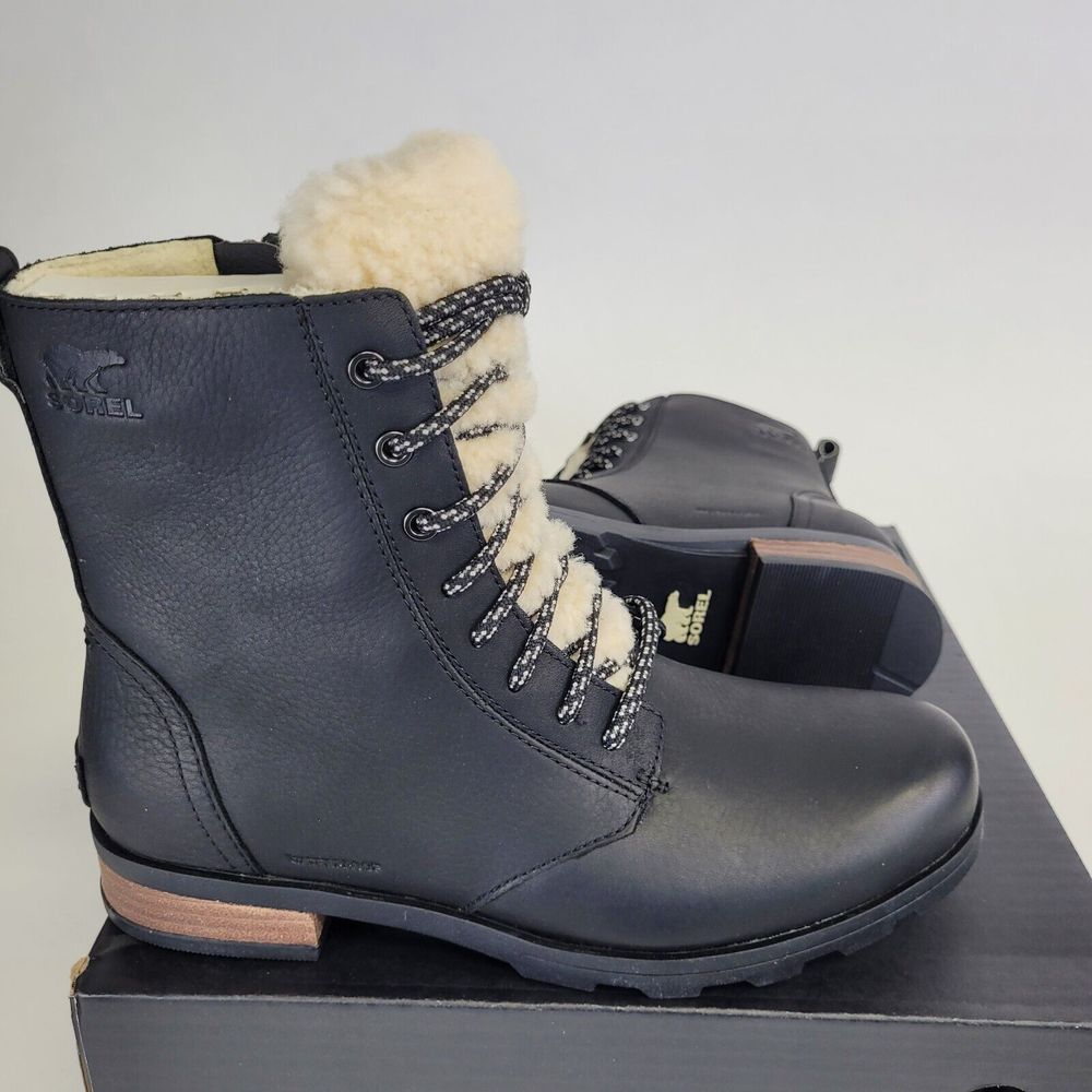 Sorel Emelie Women's Black Lace-up Boot Leather Genuine Shearling Lining Boots